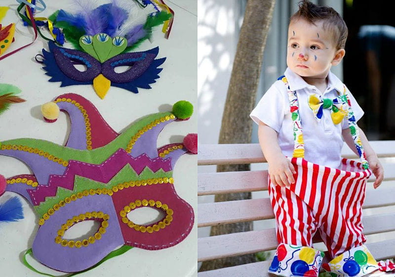 máscaras de carnaval e criança fantasiada